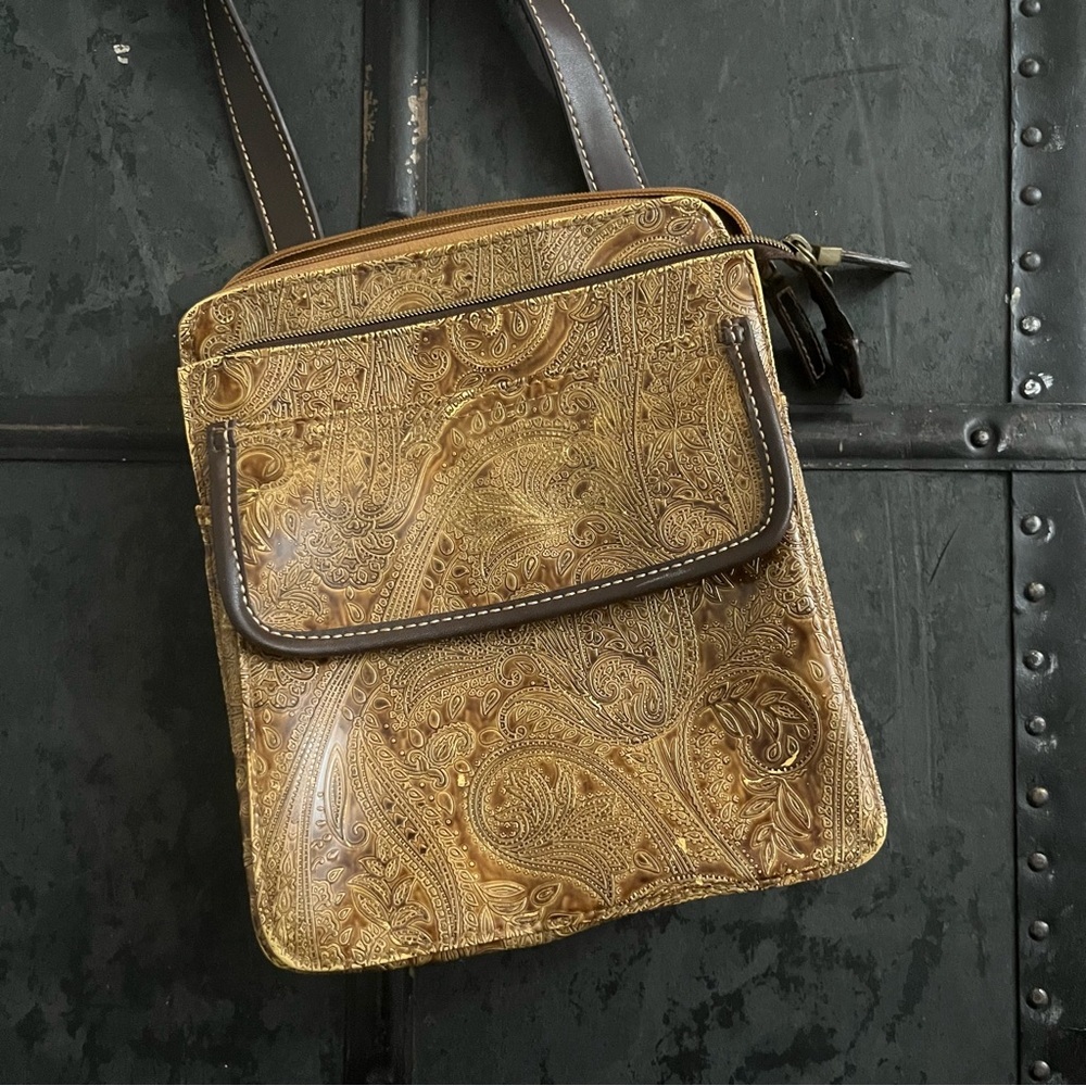 Tan and brown embossed vegan leather paisley crossbody purse